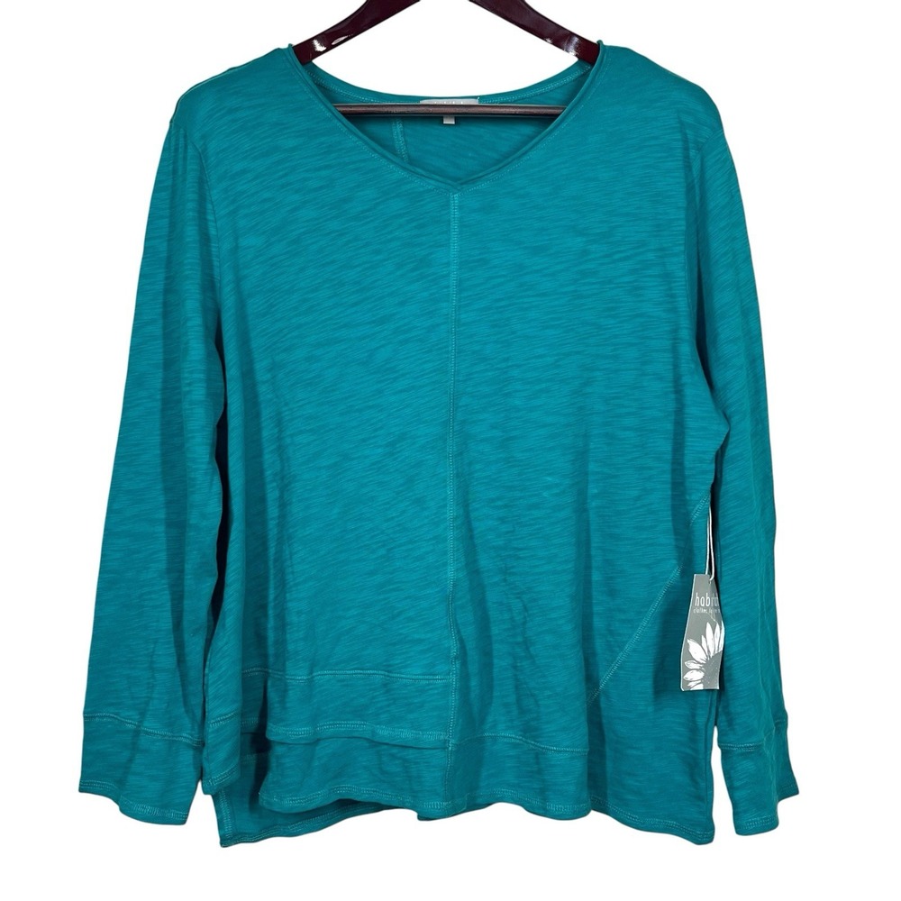 NEW Habitat Stepped Hem V-Neck Top Womens L Teal Green 100% Cotton Minimalist